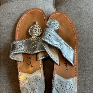 Jack Rogers Silver Sandals with Metallic Strap and Decorative Medallion